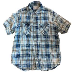 Overland Mens Short Sleeve Button Up Shirt size Medium Blue Flannel Western